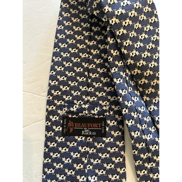 BEAUFORT TIE RACK 3.75” Cow Tie Print Farm Blue Italian Silk Neck Tie Dairy Barn - Picture 5 of 9